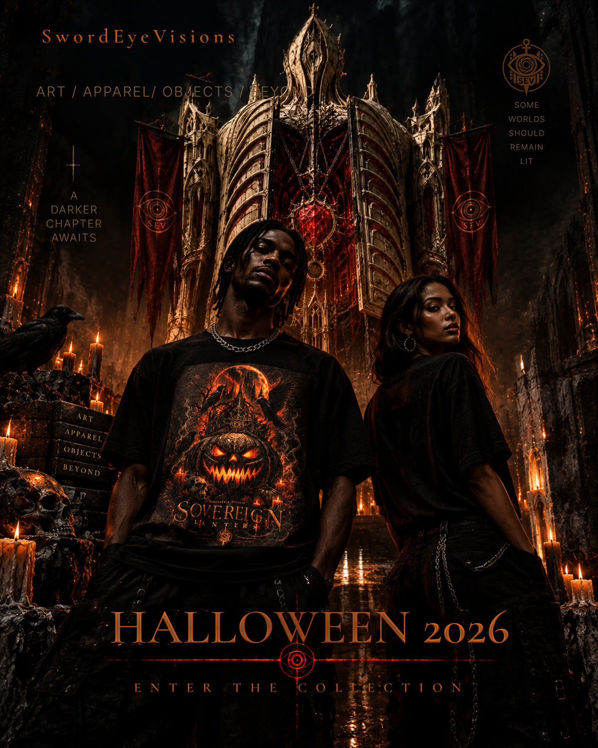 SEV Halloween 2026 campaign image: two figures in dark tees stand before the Cathedral of Flesh, one wearing the Sovereign Lantern Tee.