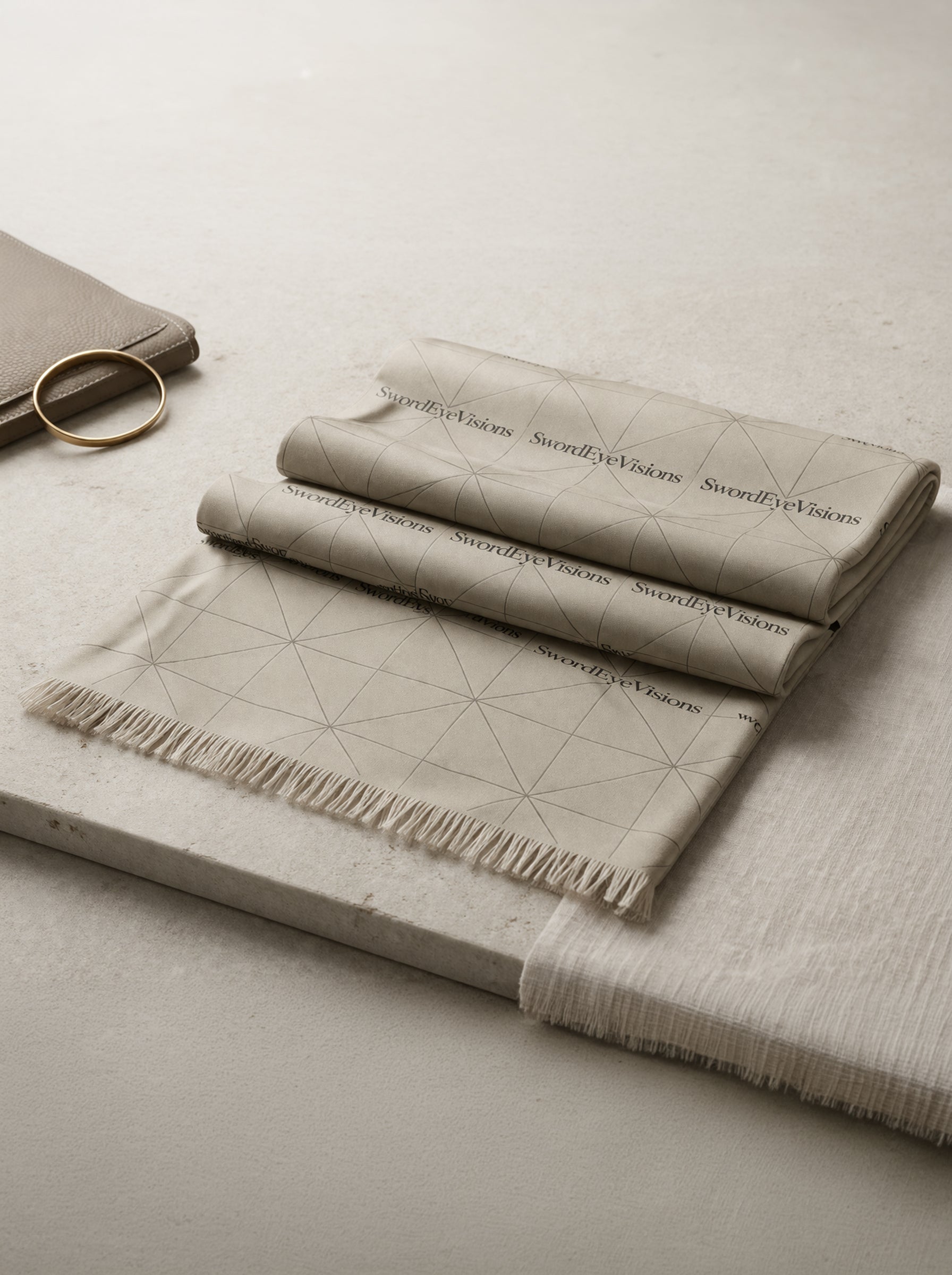 Folded neutral pebble stone SwordEyeVisions scarf with tessellated linear pattern on a stone surface.