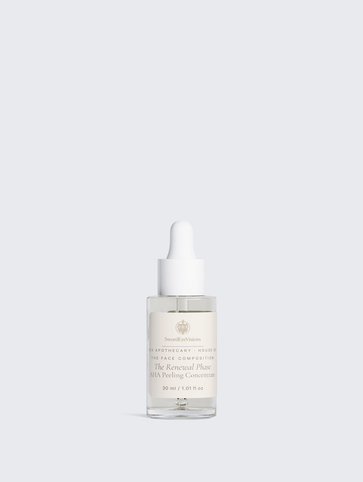 The Renewal Phase, AHA Peeling Concentrate 30 ml dropper bottle, front label — SEV Apothecary, The Face Composition
