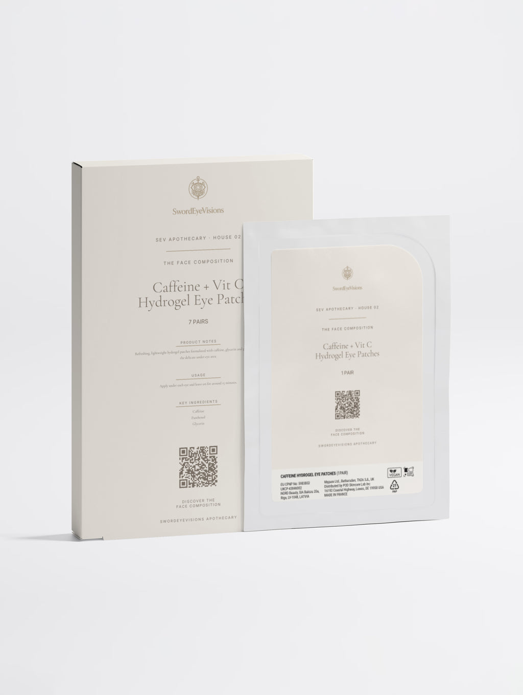 Caffeine + Vit C Hydrogel Eye Patches — SEV Apothecary box of 7 pairs standing behind a single sachet, The Face Composition, on a plain studio background.