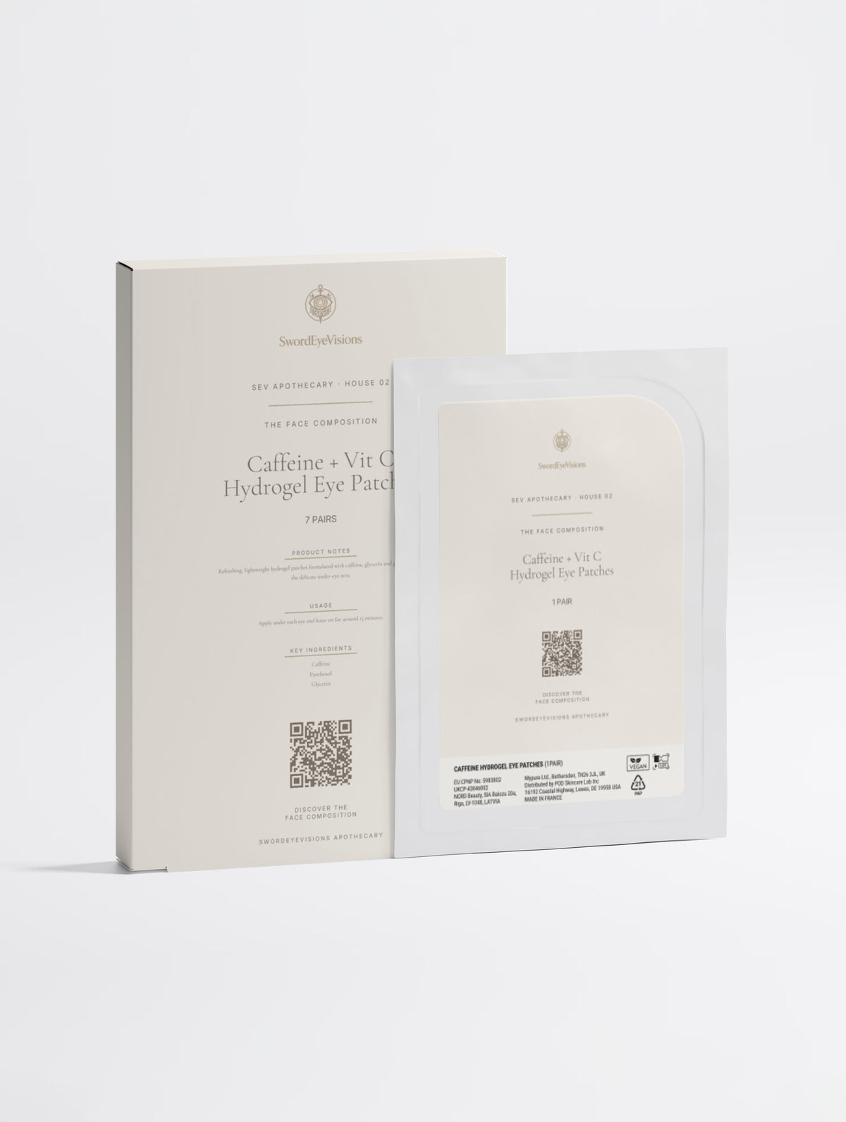 Caffeine + Vit C Hydrogel Eye Patches — SEV Apothecary box of 7 pairs standing behind a single sachet, The Face Composition, on a plain studio background.