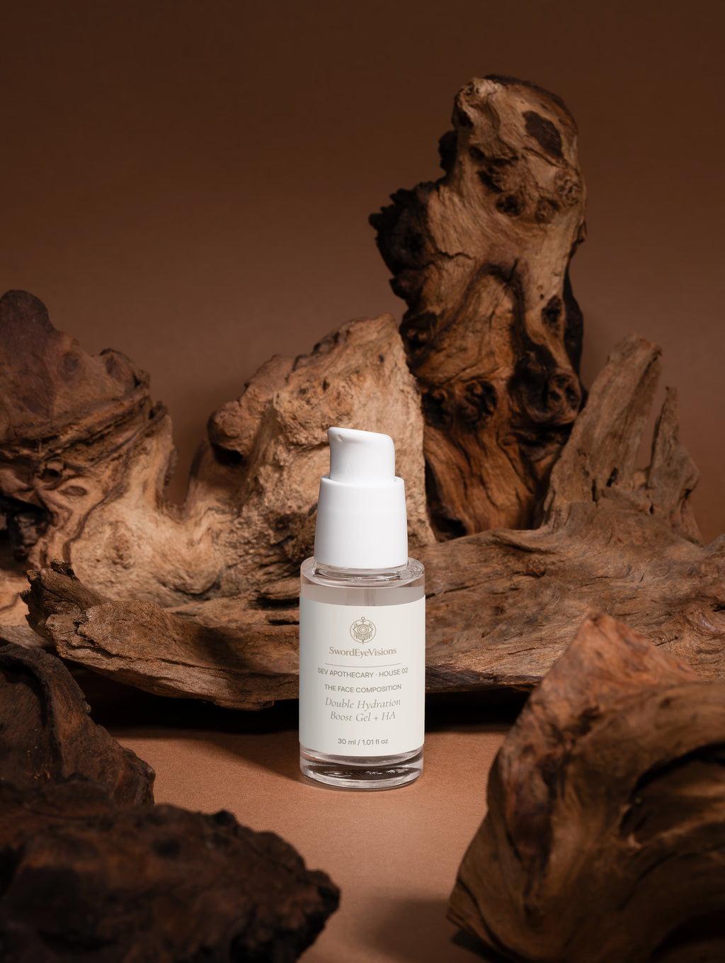 SEV Apothecary Double Hydration Boost Gel + HA 30 ml — bottle in a dark natural wood setting