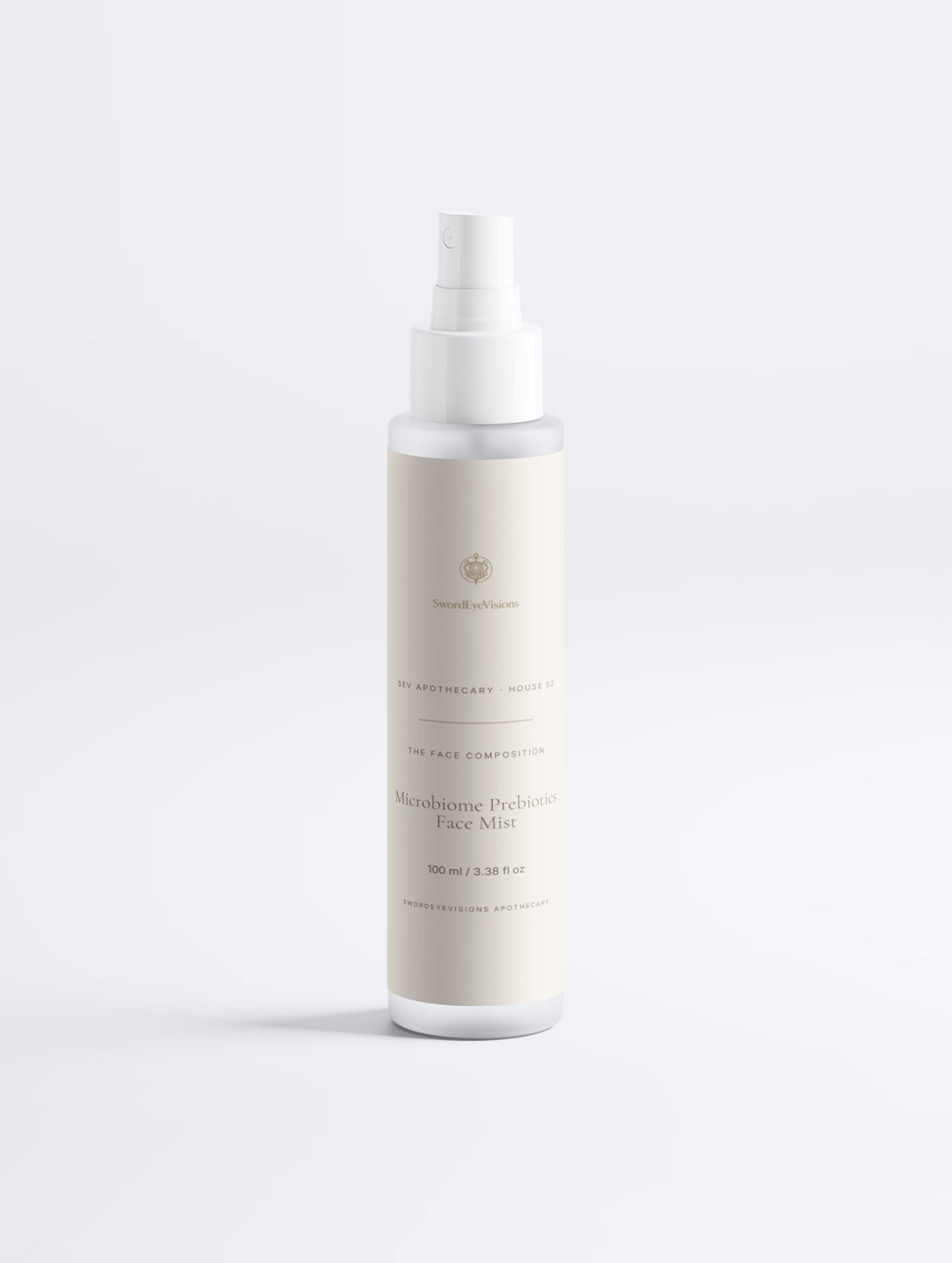 Microbiome Prebiotics Face Mist — 100 ml SEV Apothecary pump mist bottle, The Face Composition, on a plain studio background.
