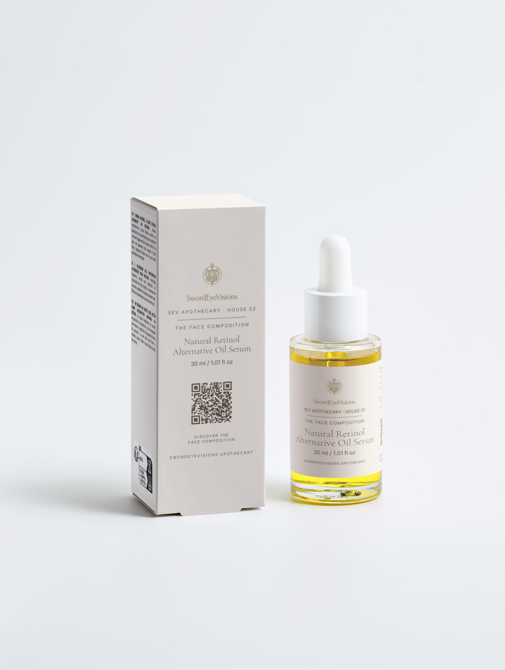 Natural Retinol Alternative Oil Serum — 30 ml glass dropper bottle with cream SEV Apothecary carton, The Face Composition, on a plain studio background.