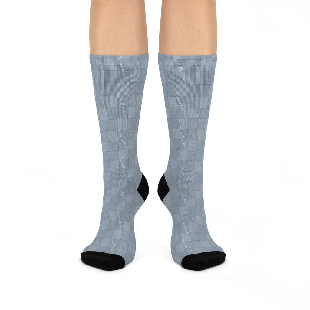 Refined Denim Blue Socks — SEV Linear Weave Monogram — alternate view 1 of 4