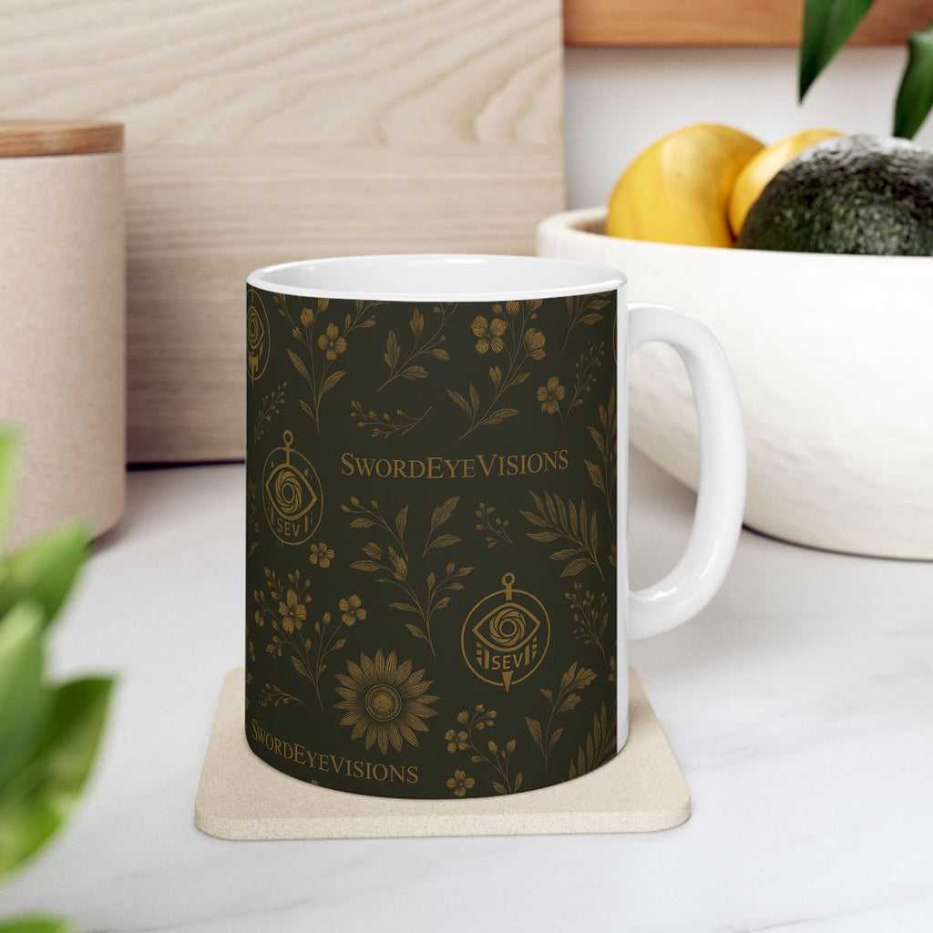 SEV CERAMIC MUG — DEEP OLIVE GOLD BOTANICAL — alternate view 2 of 7