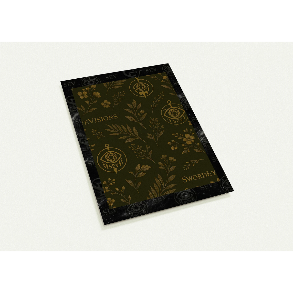 SEV Deep Olive Gold Botanical A6 postcard set with muted olive and antique-gold artwork