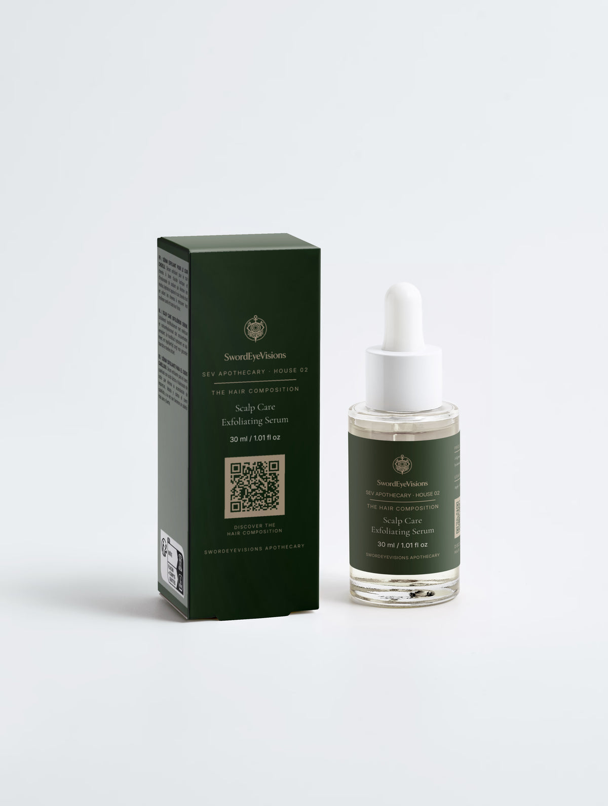 Scalp Care Exfoliating Serum — 30 ml dropper bottle beside its dark green SEV Apothecary carton, The Hair Composition, on a plain studio background.