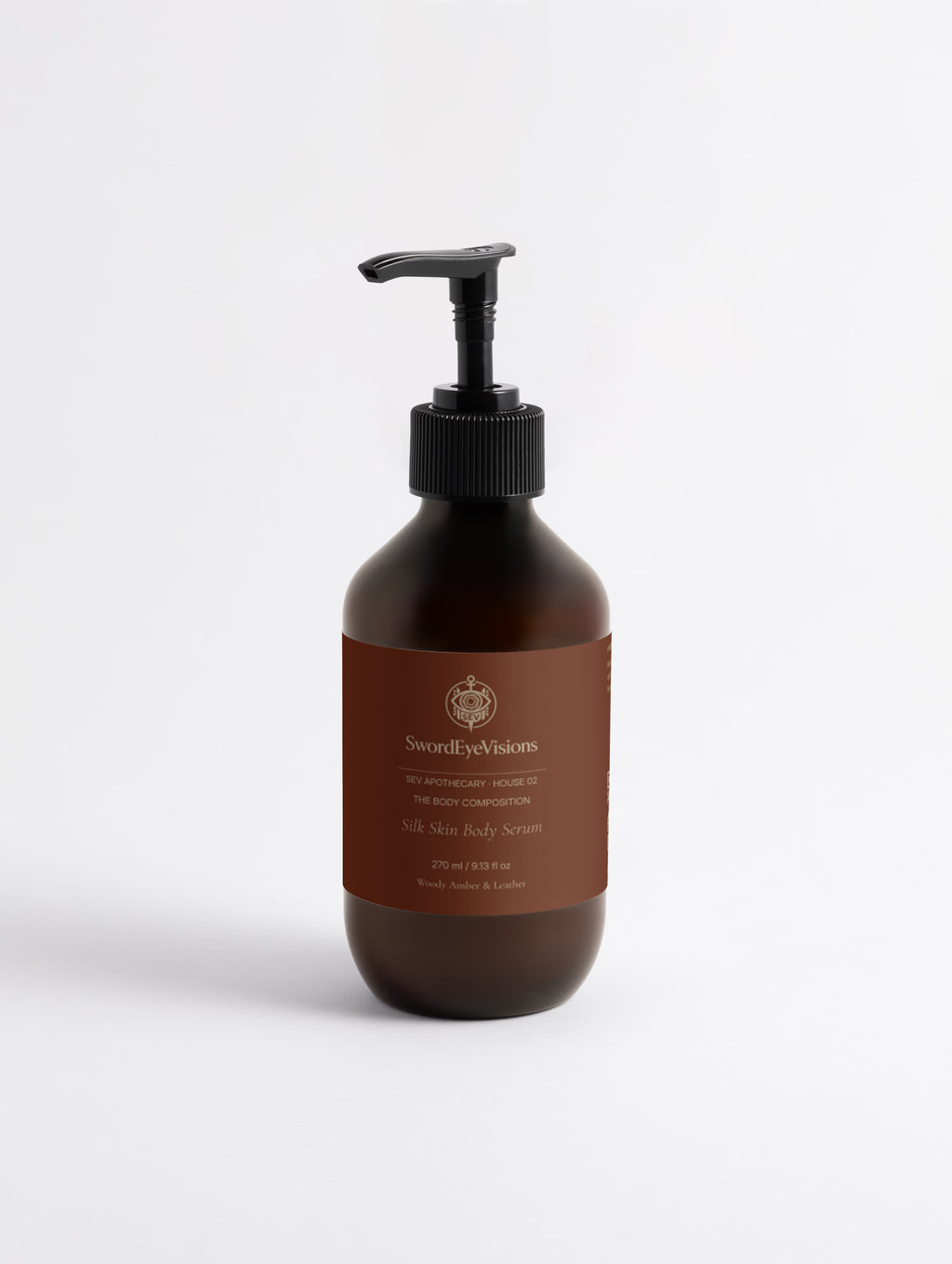 SEV Apothecary Silk Skin Body Serum, Woody Amber & Leather, 270 ml amber pump bottle with The Body Composition label — front view