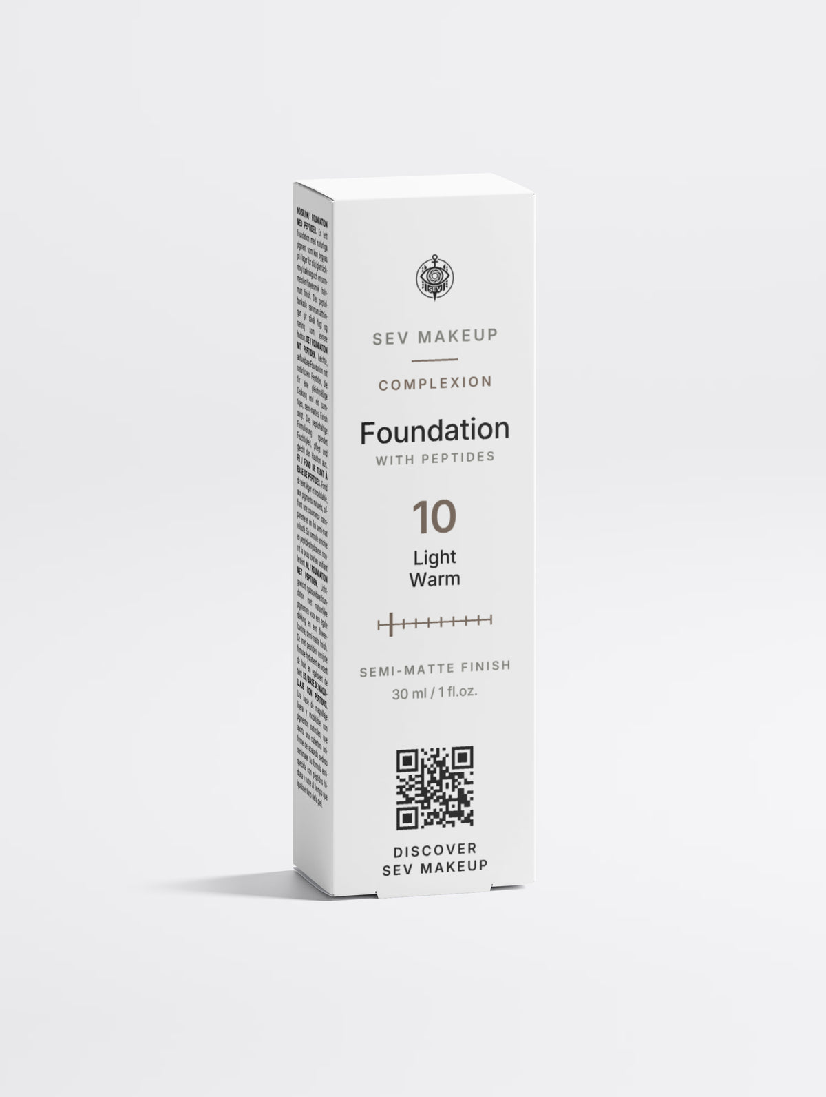 Front of the SEV Makeup Foundation carton, reading COMPLEXION, Foundation with Peptides, shade 10 Light Warm, with the ten-position shade index, semi-matte finish, 30 ml / 1 fl.oz. and a QR code captioned DISCOVER SEV MAKEUP.
