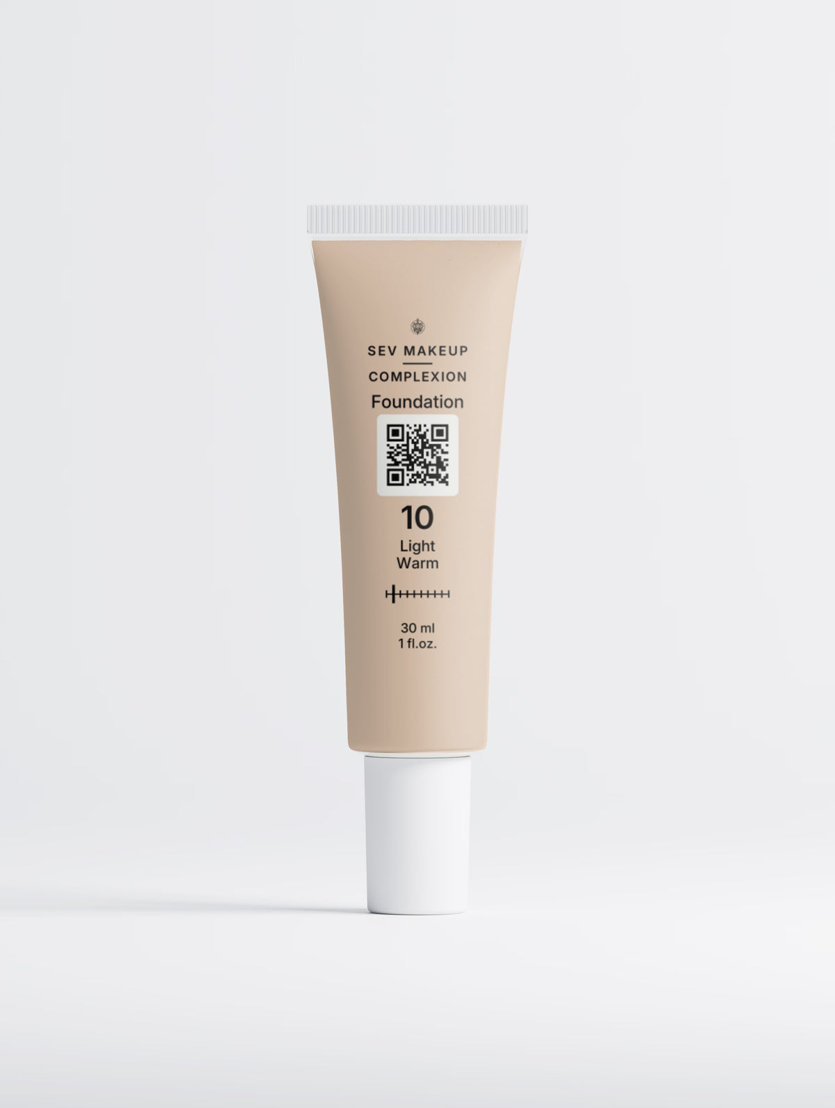 SEV Makeup Foundation with Peptides in shade 10 Light Warm: a 30 ml squeeze tube tinted to the light warm shade with a white cap, carrying the Complexion ten-position shade index and a QR code on a light tile.