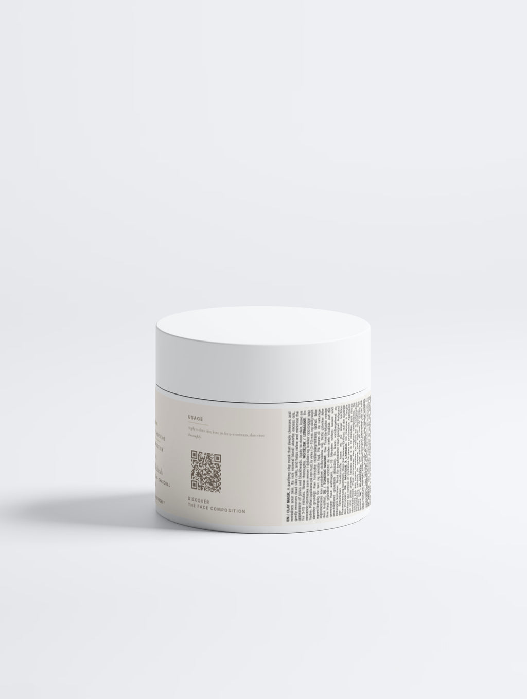 Clay Mask for Pores and Blackheads jar, side view showing product notes, star features, usage, QR code and the ingredient panel — SEV Apothecary