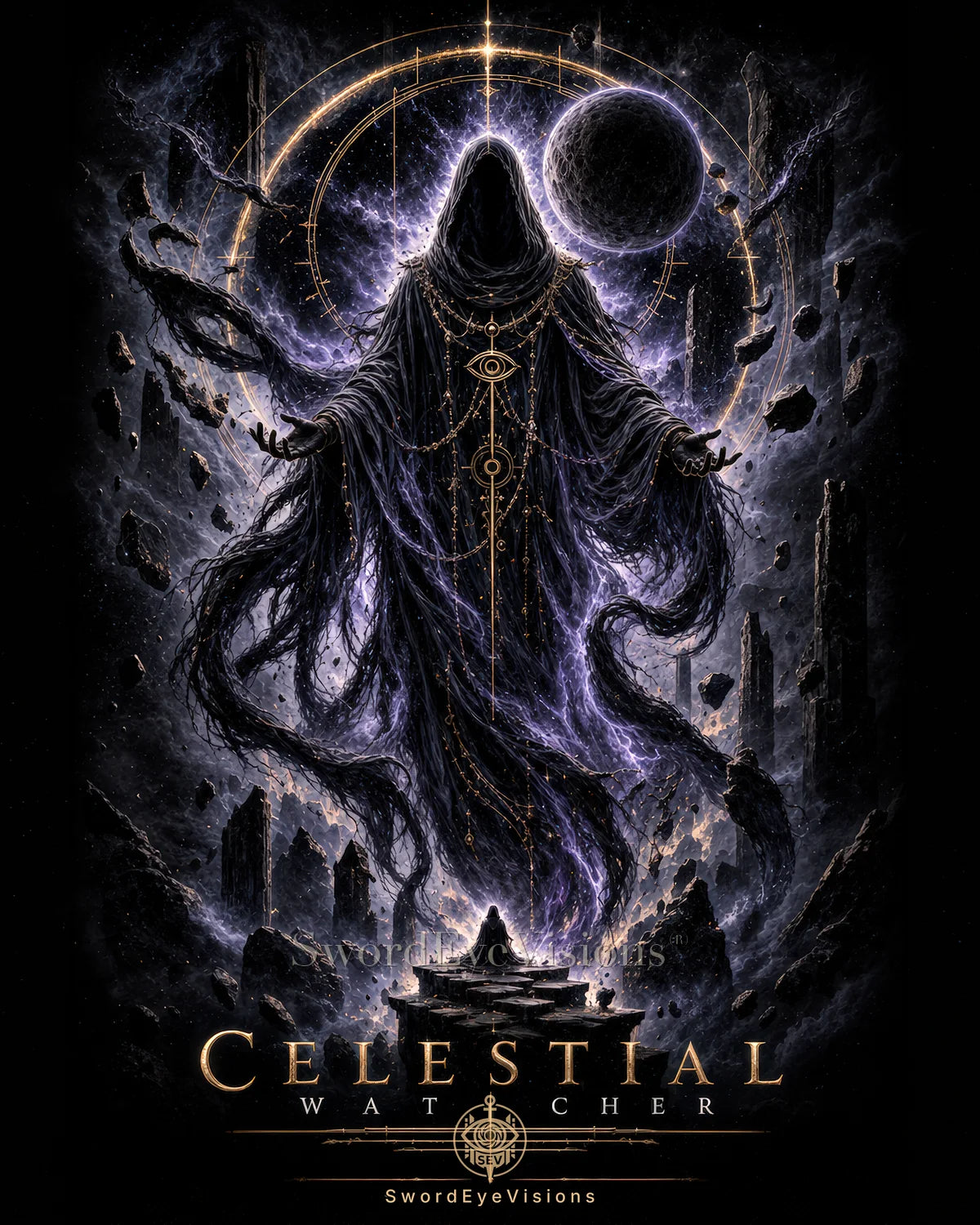 Celestial Watcher — Poster Edition, violet and noir hooded figure with celestial orbit; protected SwordEyeVisions preview.