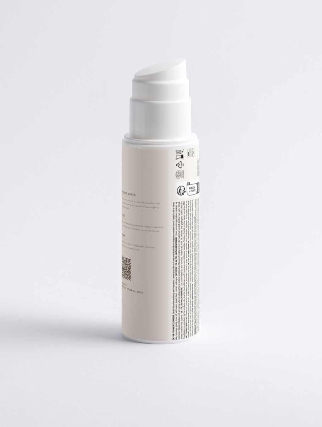 Sensitive Skin Oil-To-Milk Cleanser pump bottle, side view showing product notes, usage, QR code and the ingredient panel — SEV Apothecary