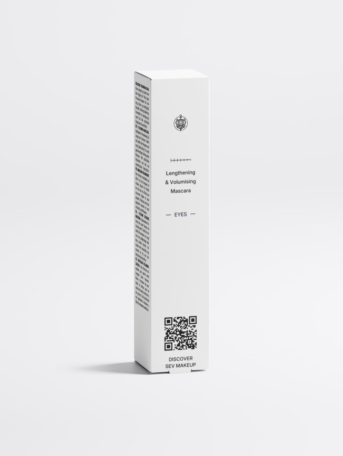 The mascara carton front panel, showing the SwordEyeVisions sigil, the Eyes index rule, the Lengthening and Volumising Mascara name and a QR code captioned DISCOVER SEV MAKEUP.