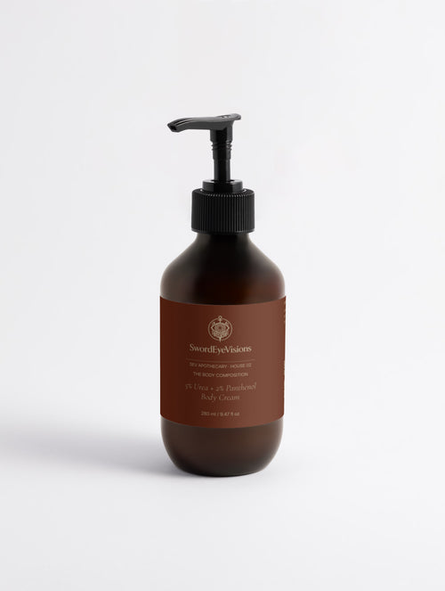 SEV Apothecary 5% Urea + 2% Panthenol Body Cream, 280 ml amber pump bottle with The Body Composition label — front view
