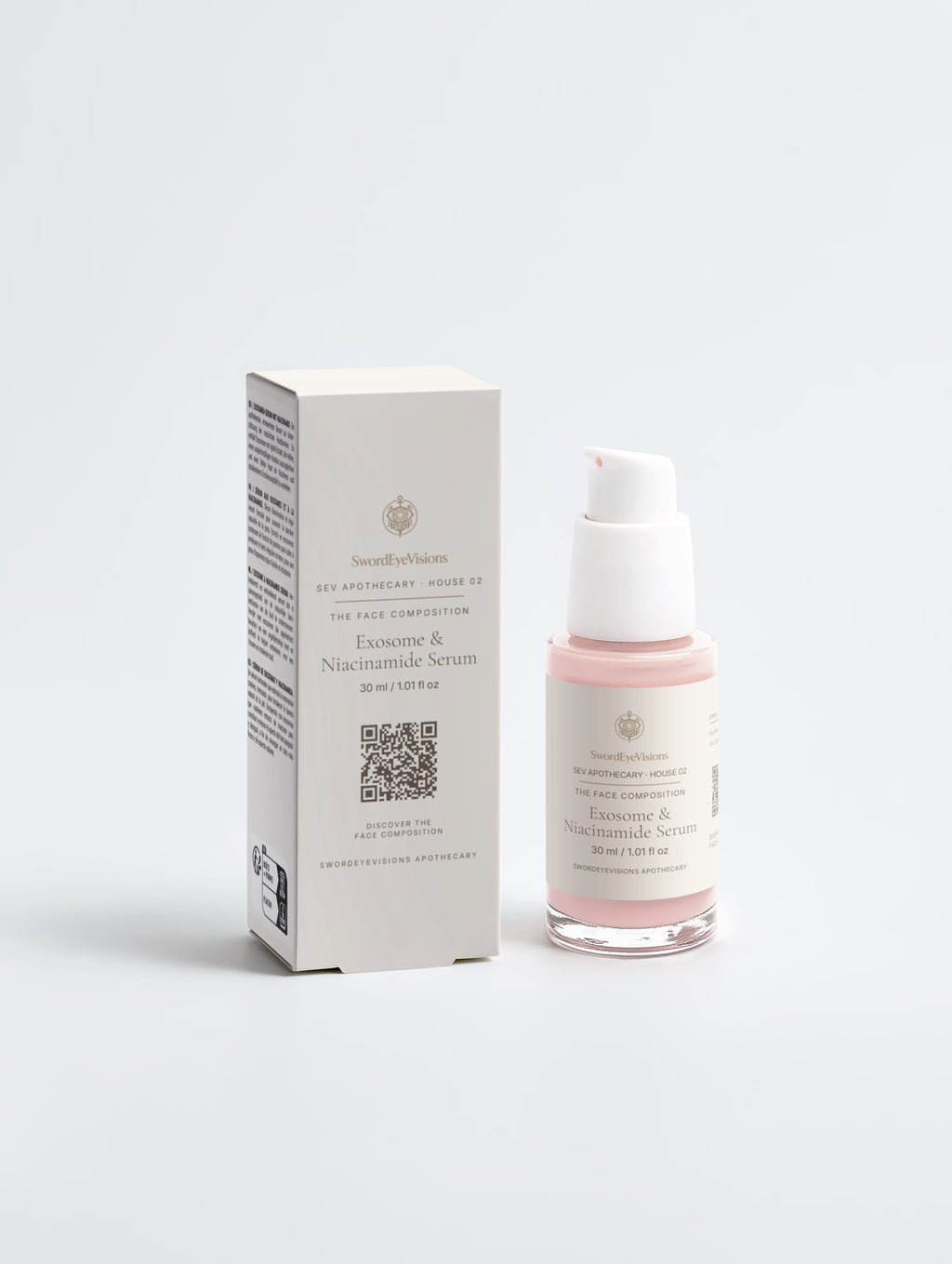 Exosome & Niacinamide Serum — 30 ml glass bottle with pump and cream SEV Apothecary carton, The Face Composition, on a plain studio background.