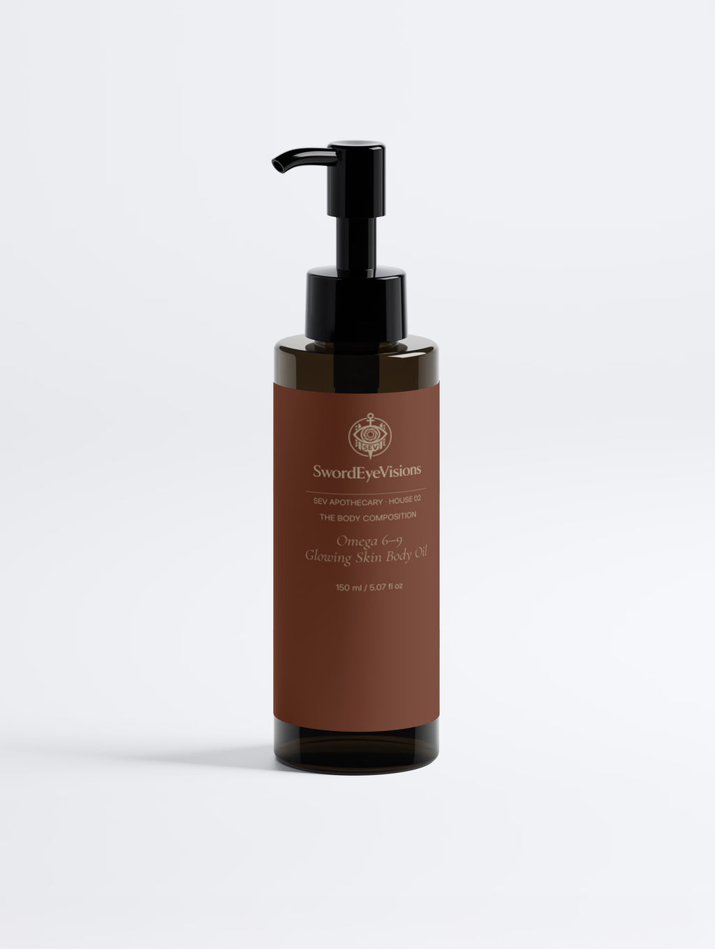 SEV Apothecary Omega 6-9 Glowing Skin Body Oil, 150 ml black pump bottle with The Body Composition label — front view