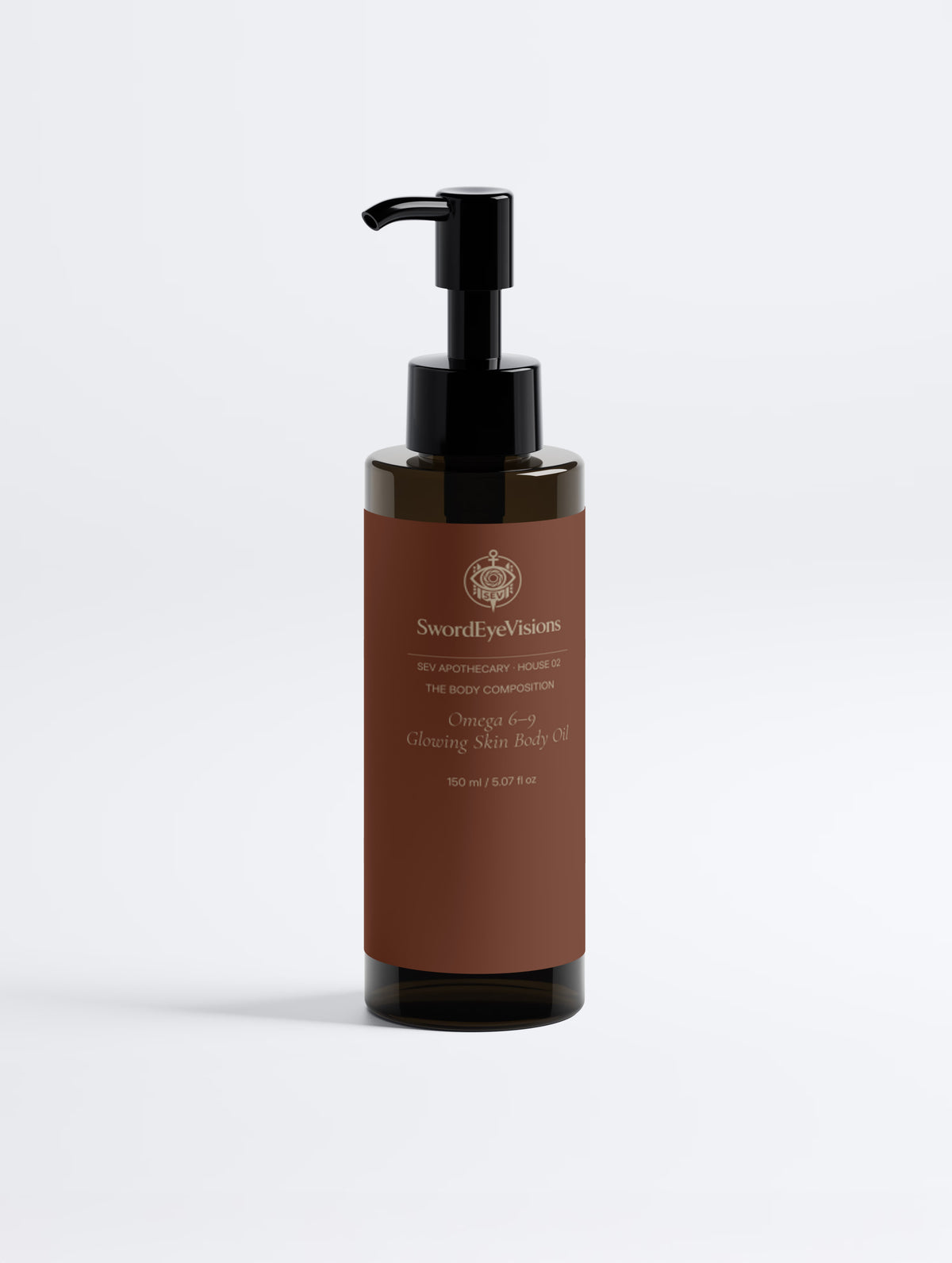 SEV Apothecary Omega 6-9 Glowing Skin Body Oil, 150 ml black pump bottle with The Body Composition label — front view