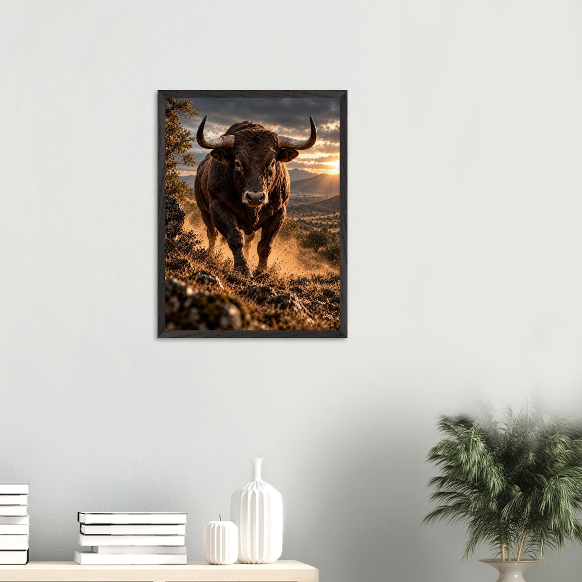 Bull framed art print, 45 × 60 cm, on a wall above a shelf