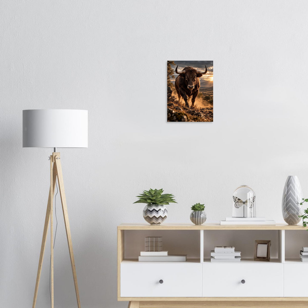 Bull unframed fine art print, 30 × 40 cm, on a wall above a sideboard