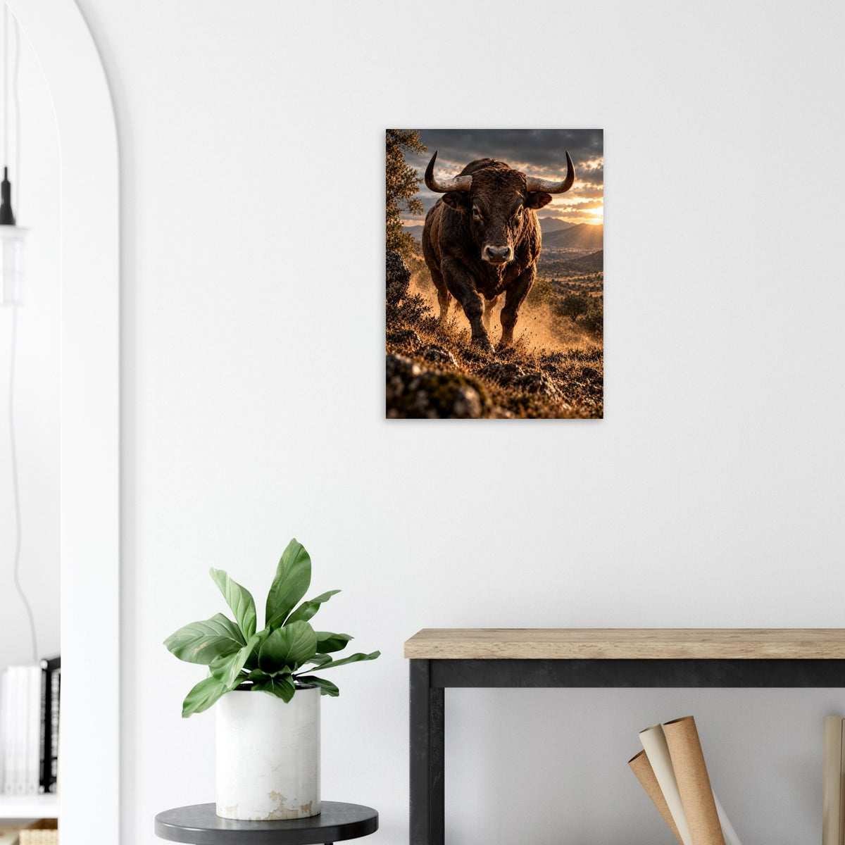 Bull unframed fine art print, 45 × 60 cm, beside an arched doorway