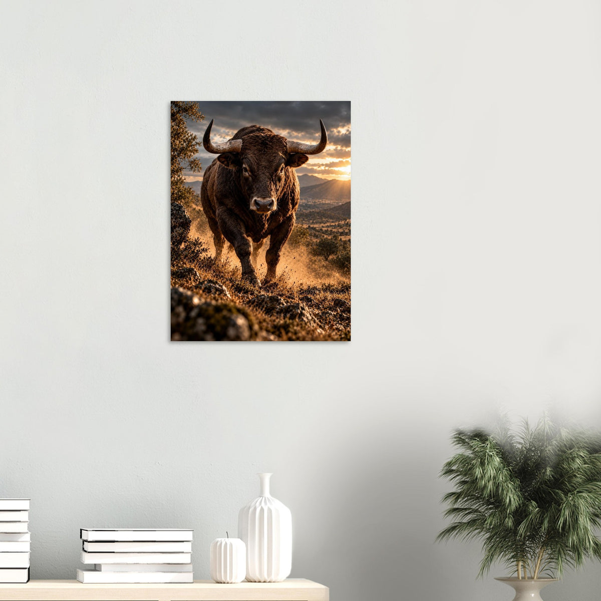 Bull unframed fine art print, 45 × 60 cm, on a wall above a shelf
