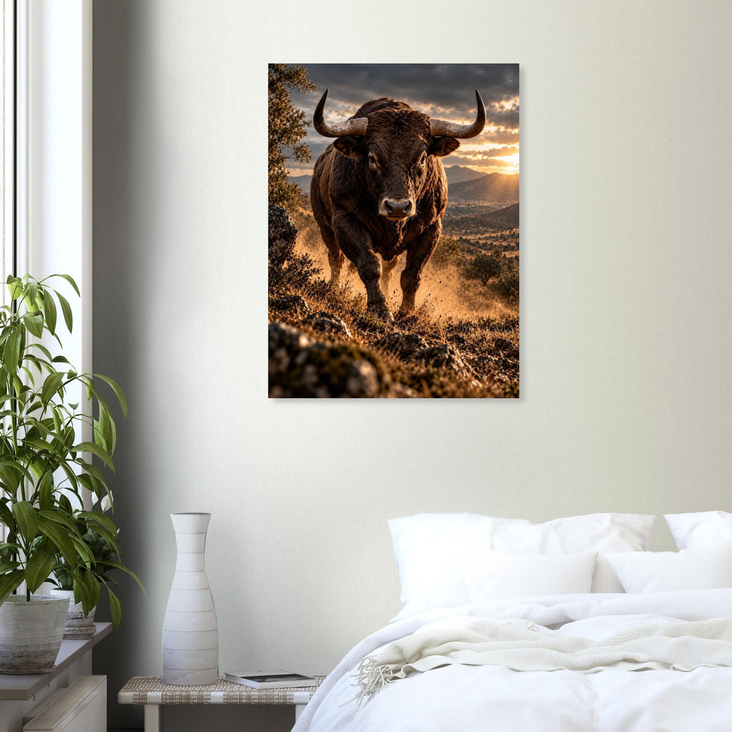 Bull unframed fine art print, 60 × 80 cm, in a bedroom