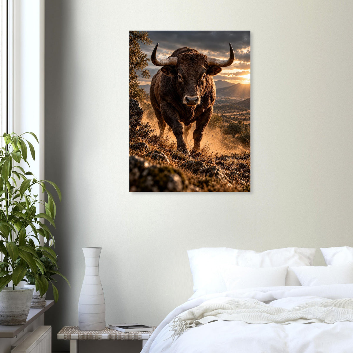Bull unframed fine art print, 60 × 80 cm, in a bedroom
