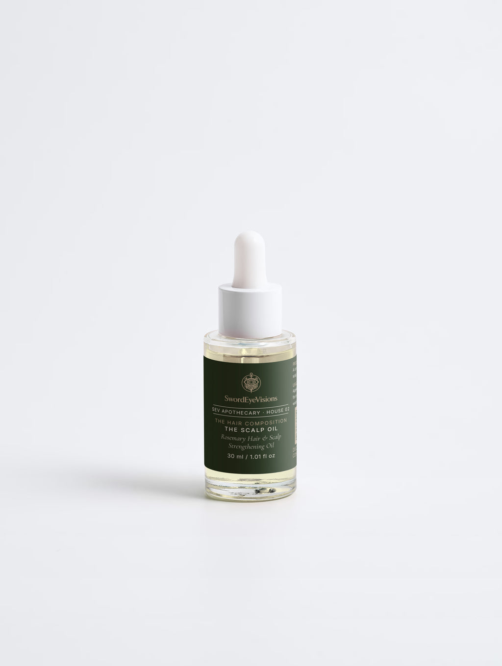 Rosemary Hair & Scalp Strengthening Oil 30 ml dropper bottle, front label — SEV Apothecary, The Hair Composition