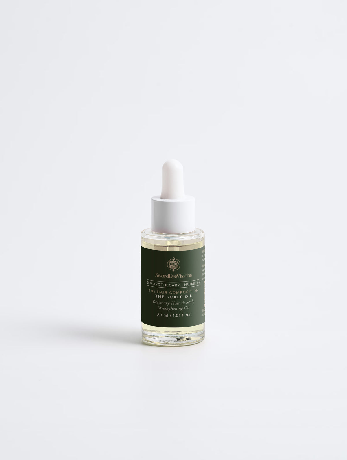 Rosemary Hair & Scalp Strengthening Oil 30 ml dropper bottle, front label — SEV Apothecary, The Hair Composition