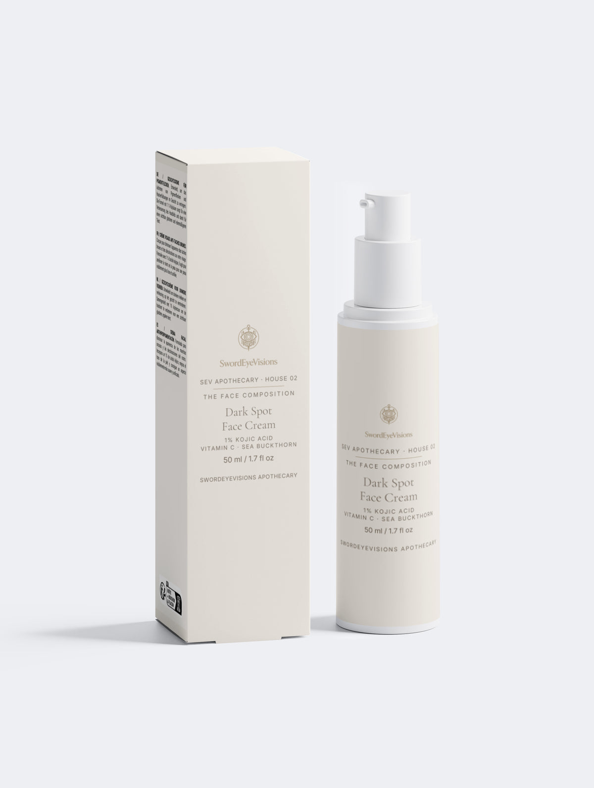 Dark Spot Face Cream, 1% Kojic Acid — 50 ml SEV Apothecary pump bottle beside its cream carton, both front-facing, showing the SwordEyeVisions sigil above The Face Composition.