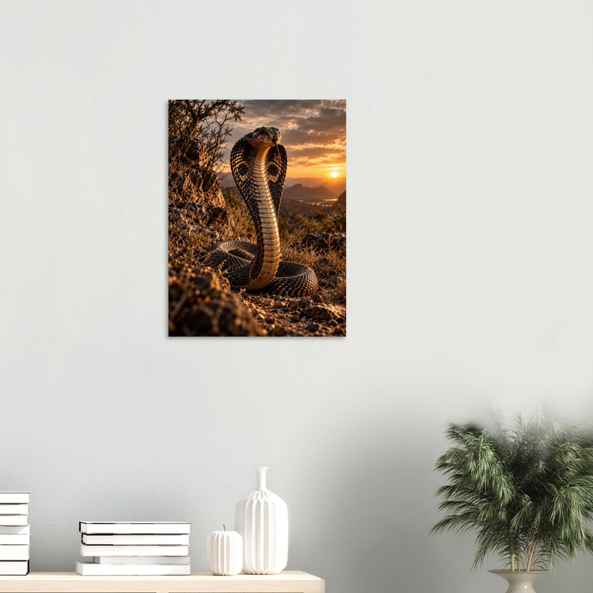 Cobra unframed fine art print, 45 × 60 cm, on a wall above a shelf