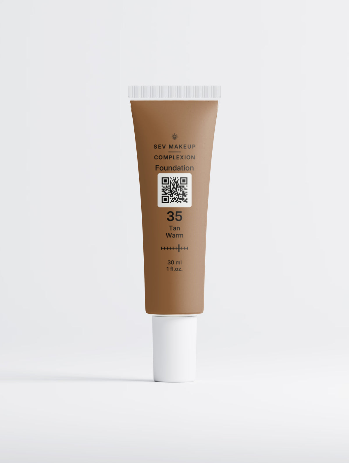 SEV Makeup Foundation with Peptides in shade 35 Tan Warm: a 30 ml squeeze tube tinted to the tan warm shade with a white cap, carrying the Complexion ten-position shade index and a QR code on a light tile.
