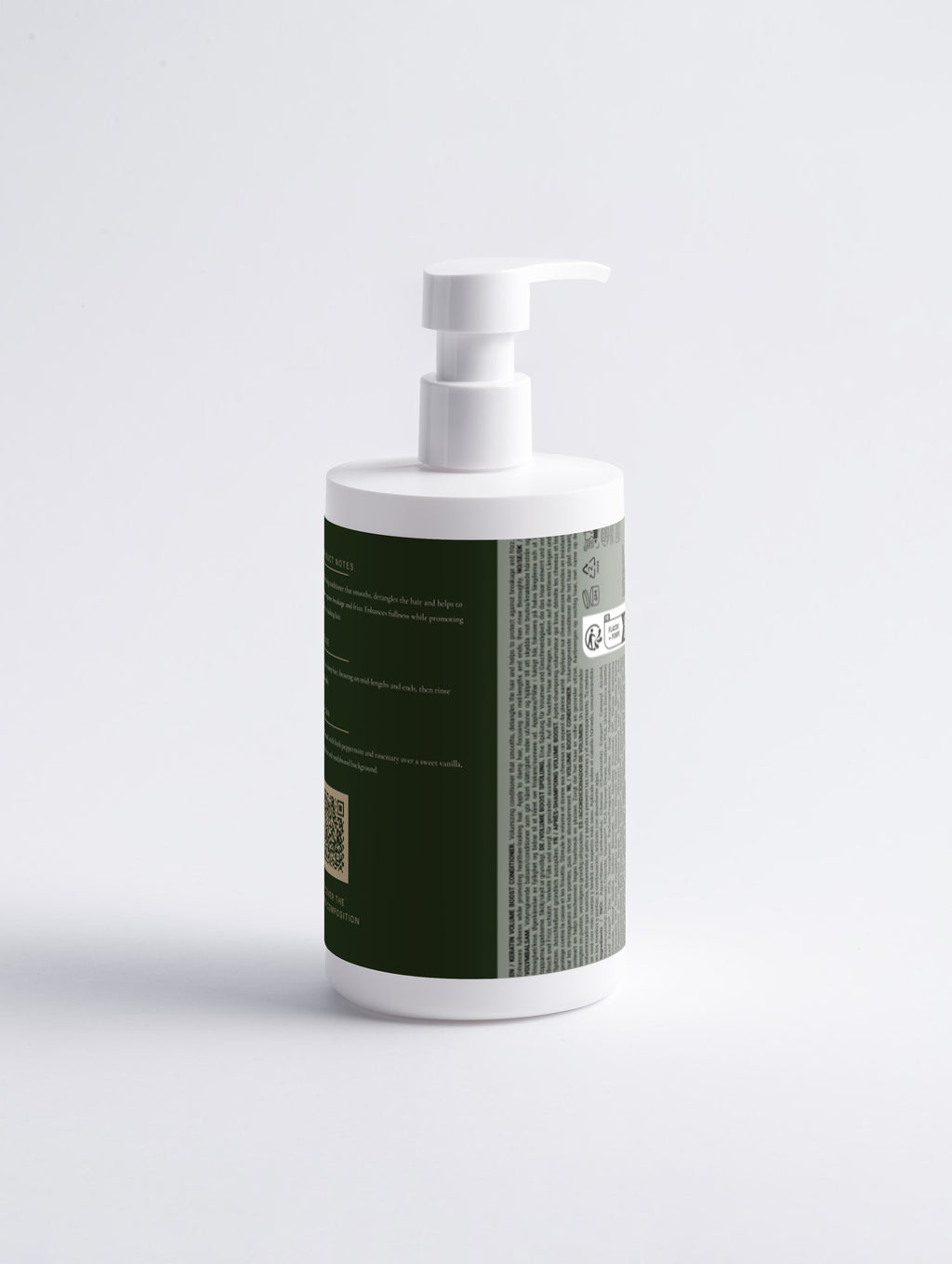 Keratin Volume Boost Conditioner — 390 ml bottle shown closer, with the product name and antique brass lettering visible on the label.