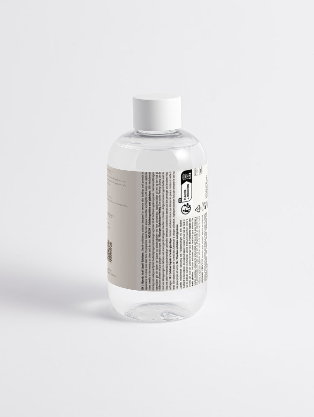 Glycolic Acid Exfoliating Toner — 250 ml bottle turned to show the ingredient and compliance panel, The Face Composition.