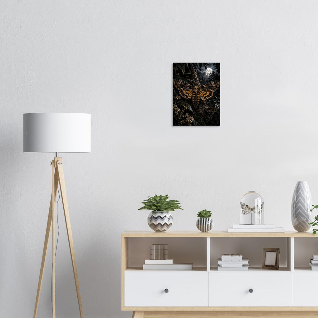 Death's-head Moth unframed fine art print, 30 × 40 cm, on a wall above a sideboard