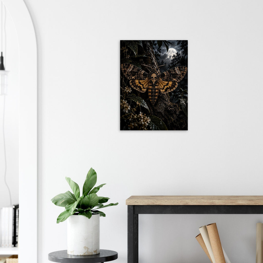 Death's-head Moth unframed fine art print, 45 × 60 cm, beside an arched doorway