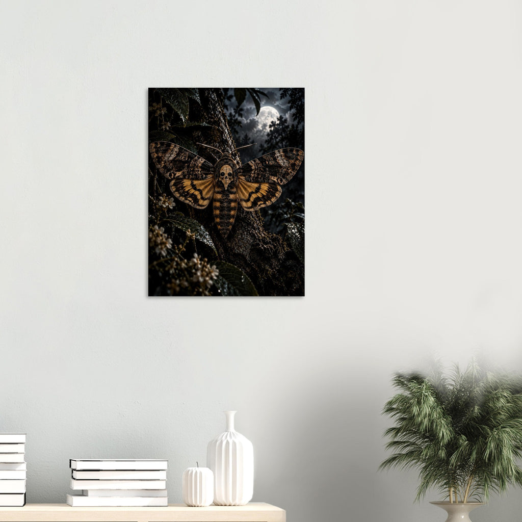 Death's-head Moth unframed fine art print, 45 × 60 cm, on a wall above a shelf