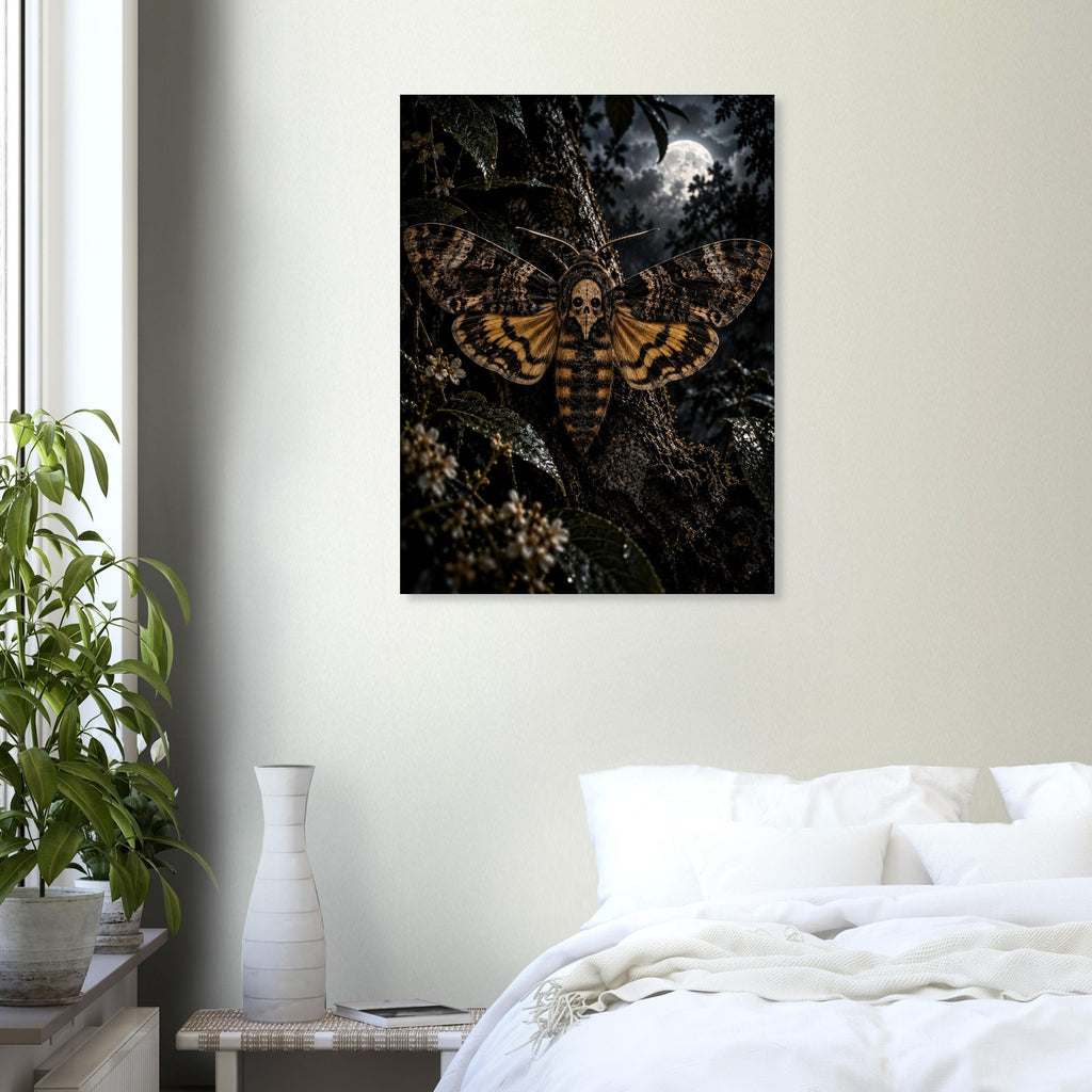 Death's-head Moth unframed fine art print, 60 × 80 cm, in a bedroom