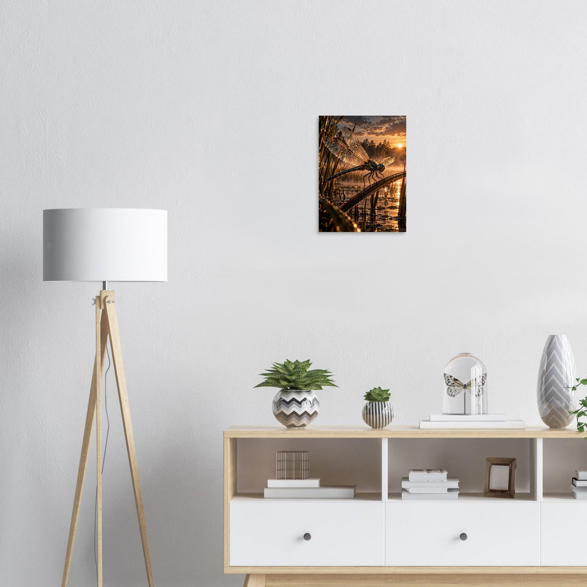 Dragonfly unframed fine art print, 30 × 40 cm, on a wall above a sideboard
