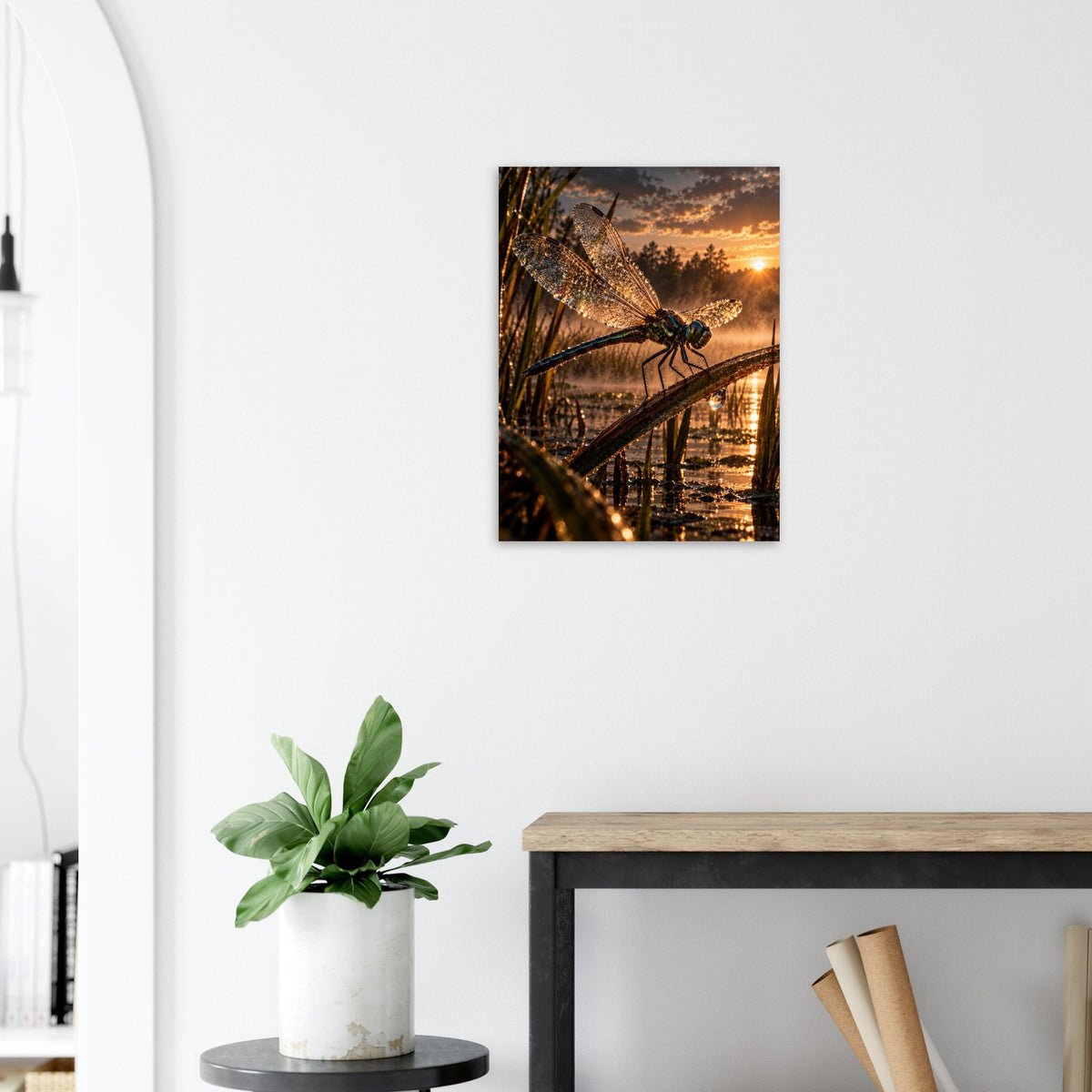 Dragonfly unframed fine art print, 45 × 60 cm, beside an arched doorway