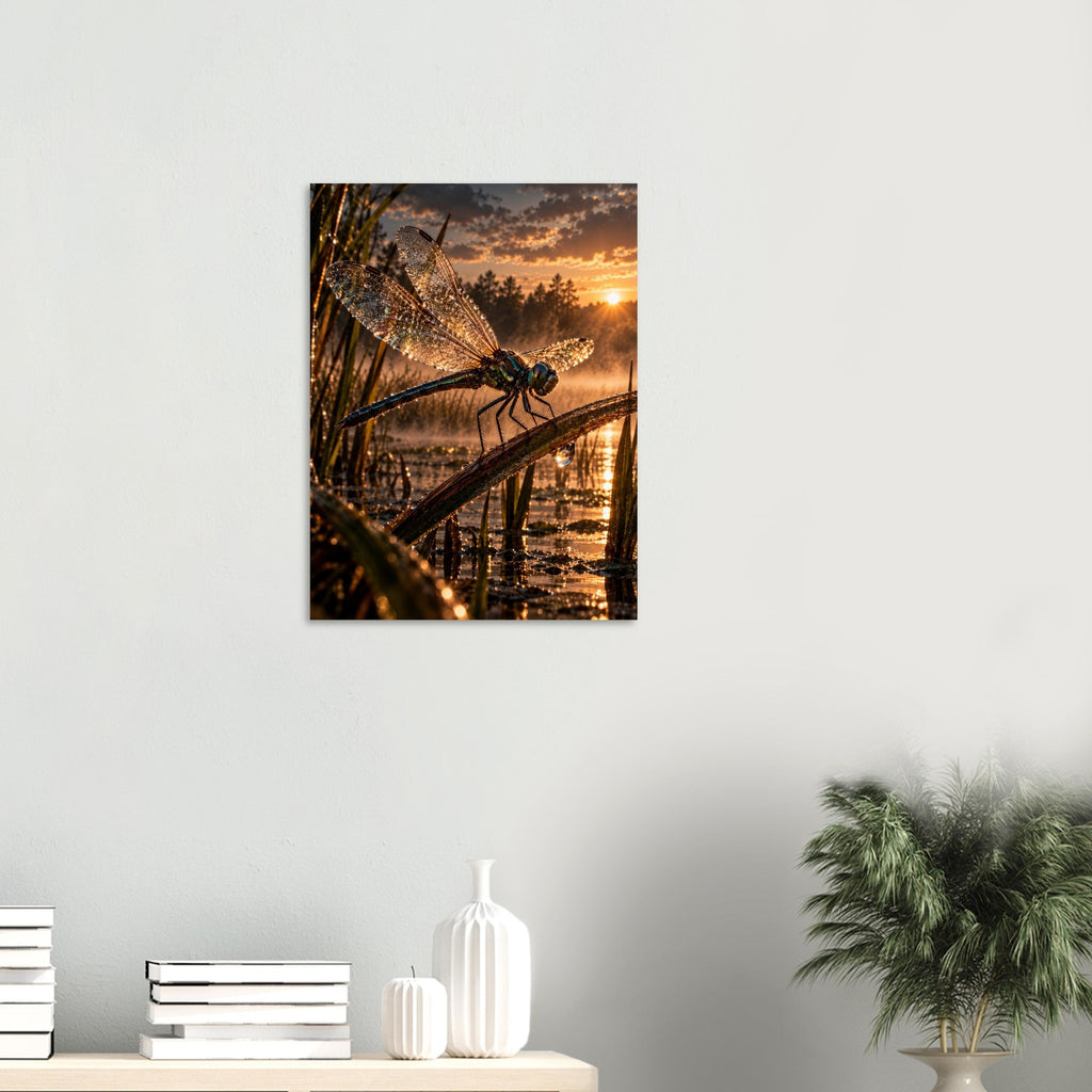Dragonfly unframed fine art print, 45 × 60 cm, on a wall above a shelf