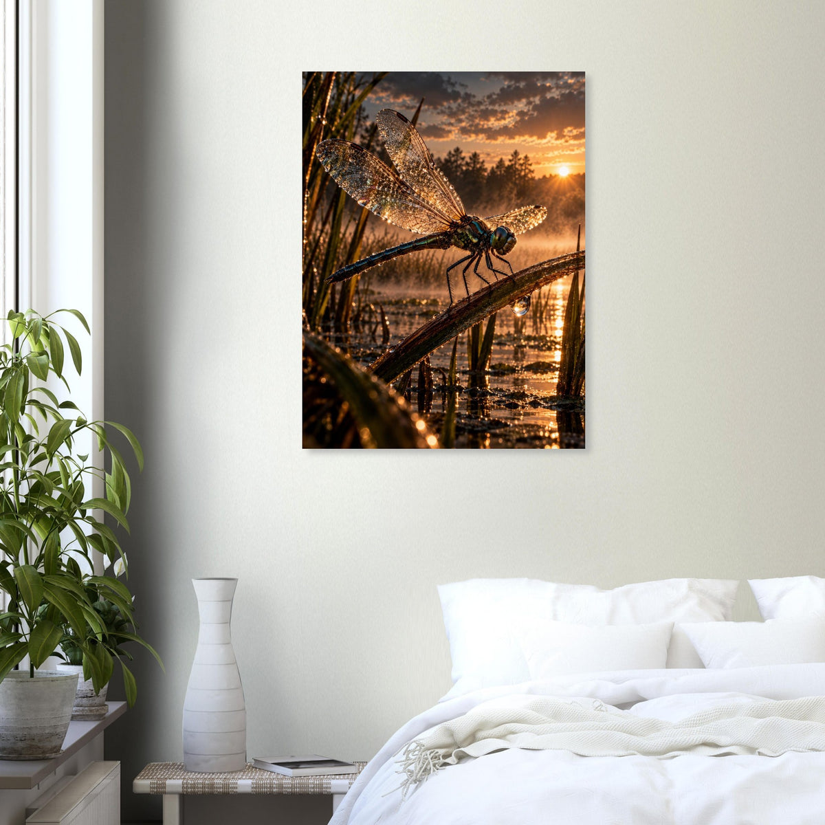 Dragonfly unframed fine art print, 60 × 80 cm, in a bedroom