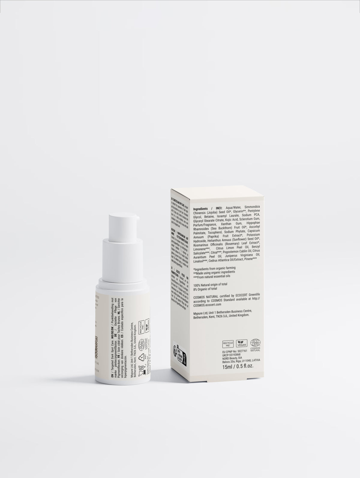 Targeted Dark Spot Care, 1% Kojic Acid bottle and carton, back panel showing ingredients and directions — SEV Apothecary