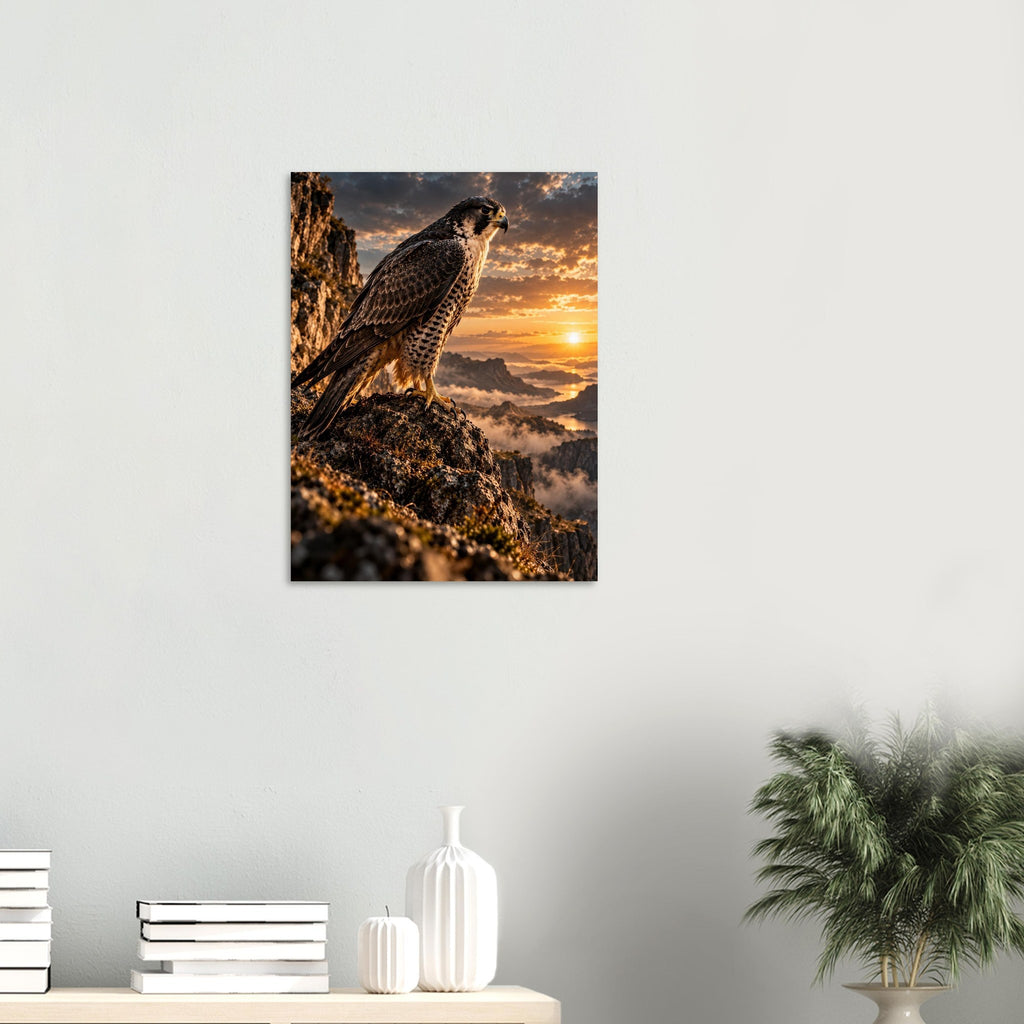 Falcon unframed fine art print, 45 × 60 cm, on a wall above a shelf