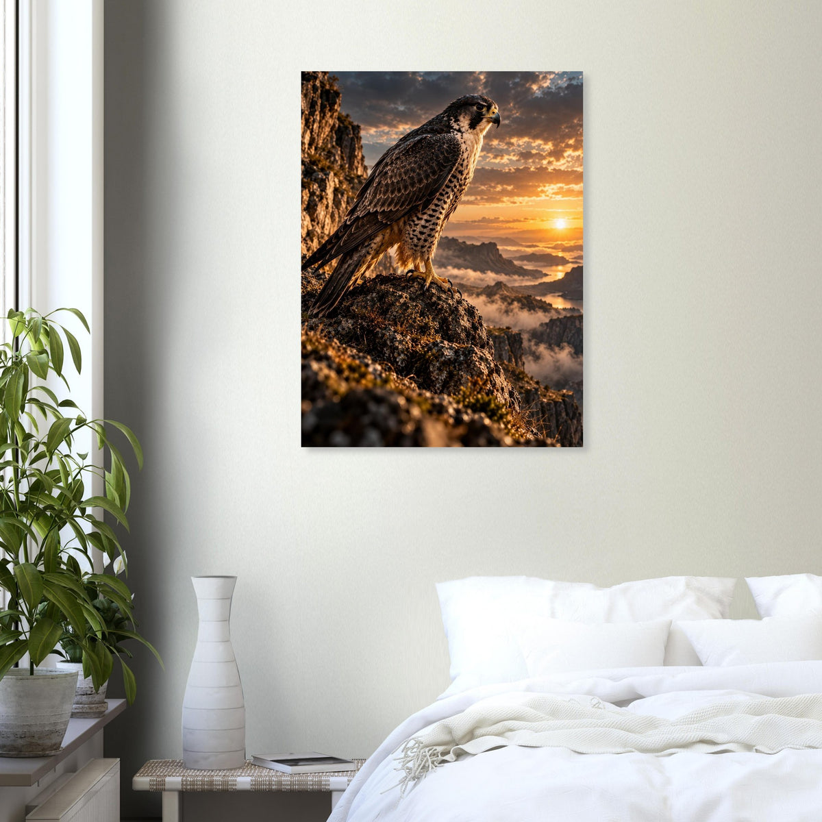 Falcon unframed fine art print, 60 × 80 cm, in a bedroom