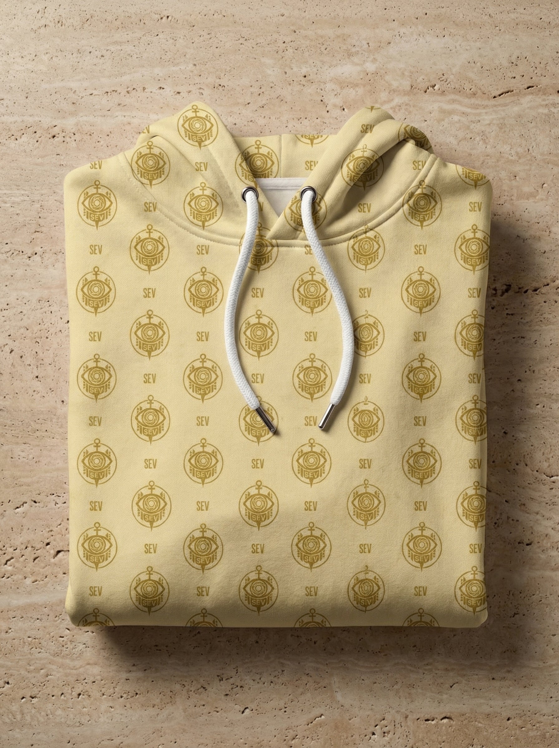 SEV GoldCream Monogram All-Over Print Recycled Unisex Hoodie — Recycled Edition — alternate view 3 of 6