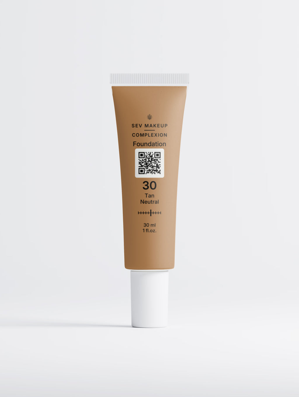 SEV Makeup Foundation with Peptides in shade 30 Tan Neutral: a 30 ml squeeze tube tinted to the tan neutral shade with a white cap, carrying the Complexion ten-position shade index and a QR code on a light tile.
