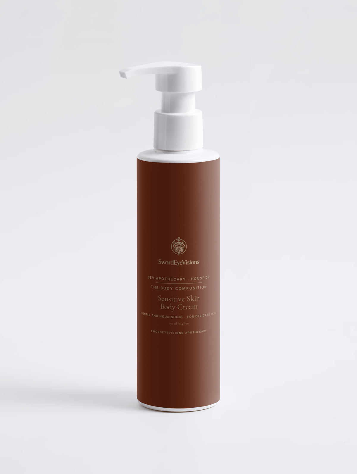 SEV Apothecary Sensitive Skin Body Cream, 190 ml pump bottle, front view showing the SwordEyeVisions sigil and wordmark above The Body Composition on a deep russet label.